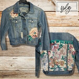 Denin Jean Jacket Boho Pink Teal Roses Flowers Fringe Trucker Junior M AEO